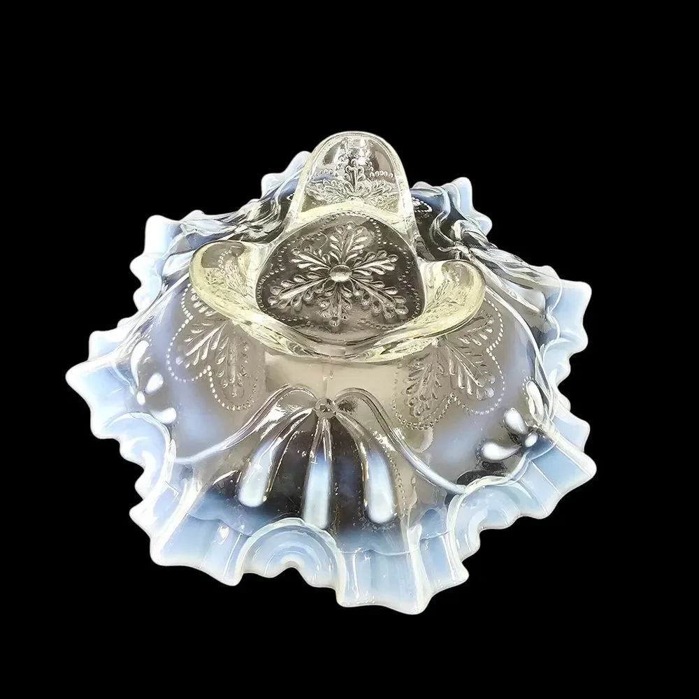 Northwood Meander Style White Opalescent Glass‎ Spatula Footed Bowl 2294B
